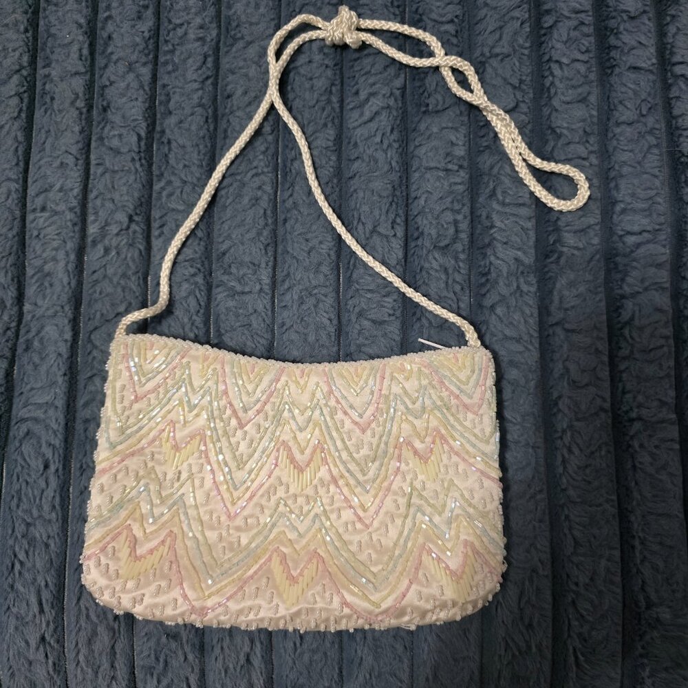 White Beaded Chevron Pattern Evening Purse With Satin Lining & Braided Strap - Picture 2 of 9